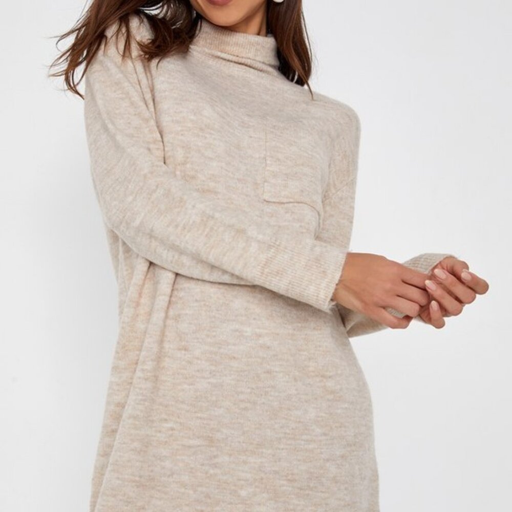 Positively Charming Heather Beige Turtleneck Mini Sweater Dress